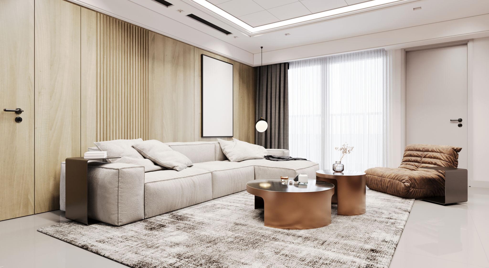 Modern minimalist living room design with neutral tones and cozy seating