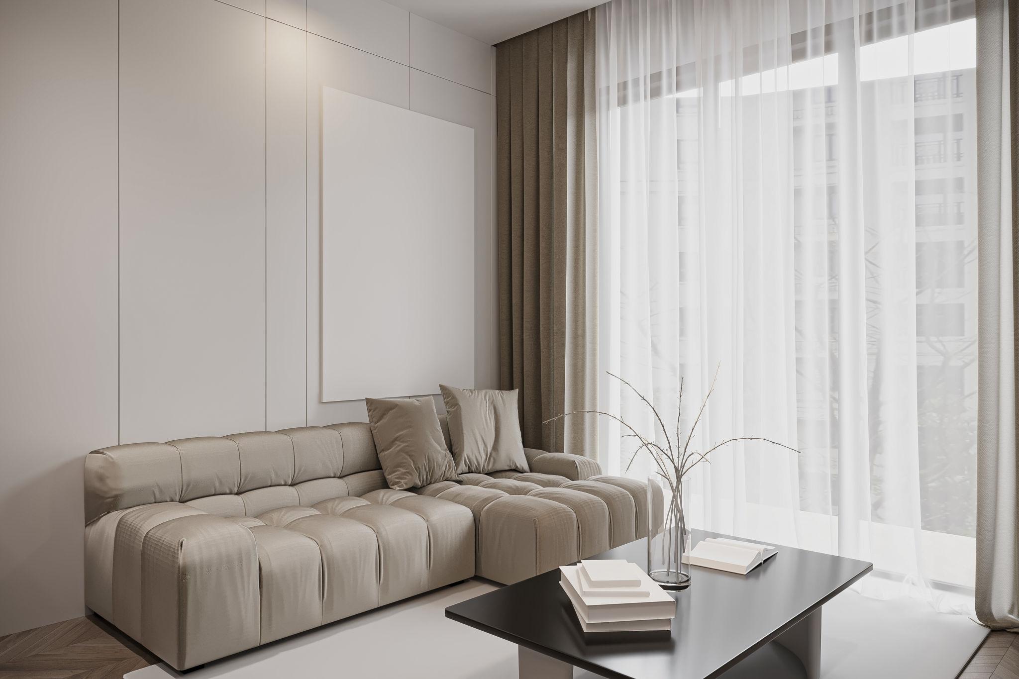 Minimalist Living Room with Modern Beige Sofa and Natural Light